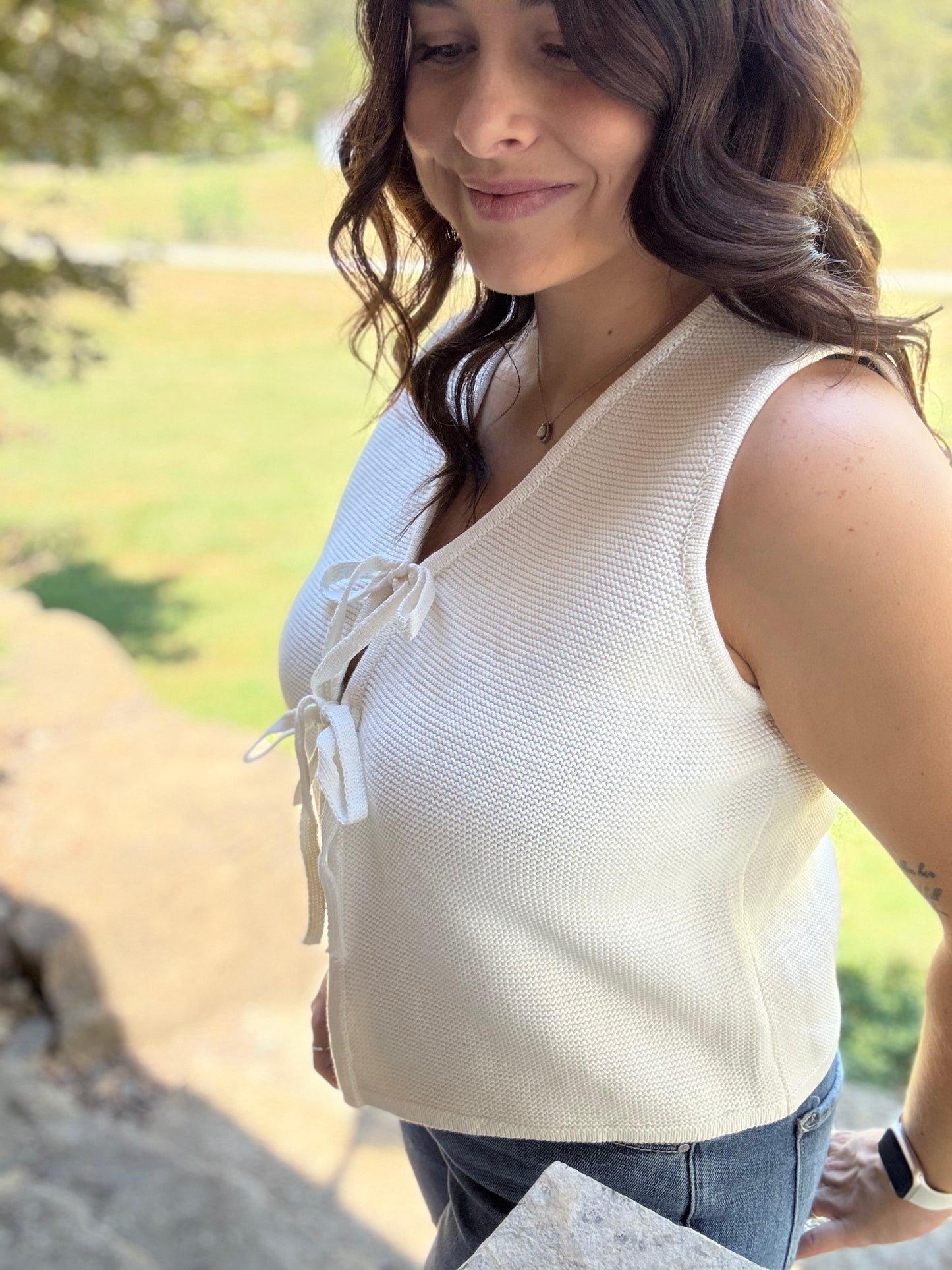 Tie Front Sweater Vest - White