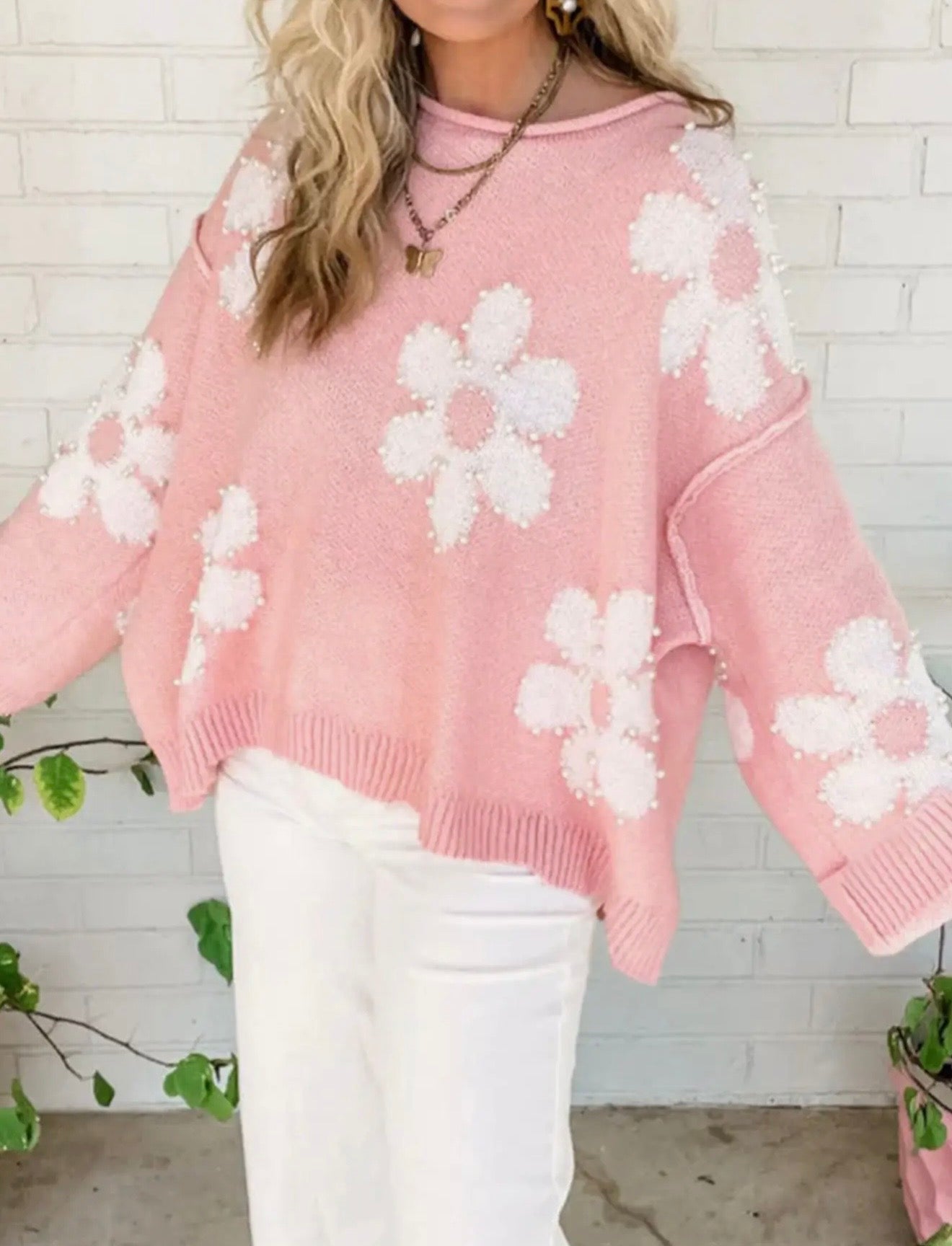Pink Floral Beaded Sweater