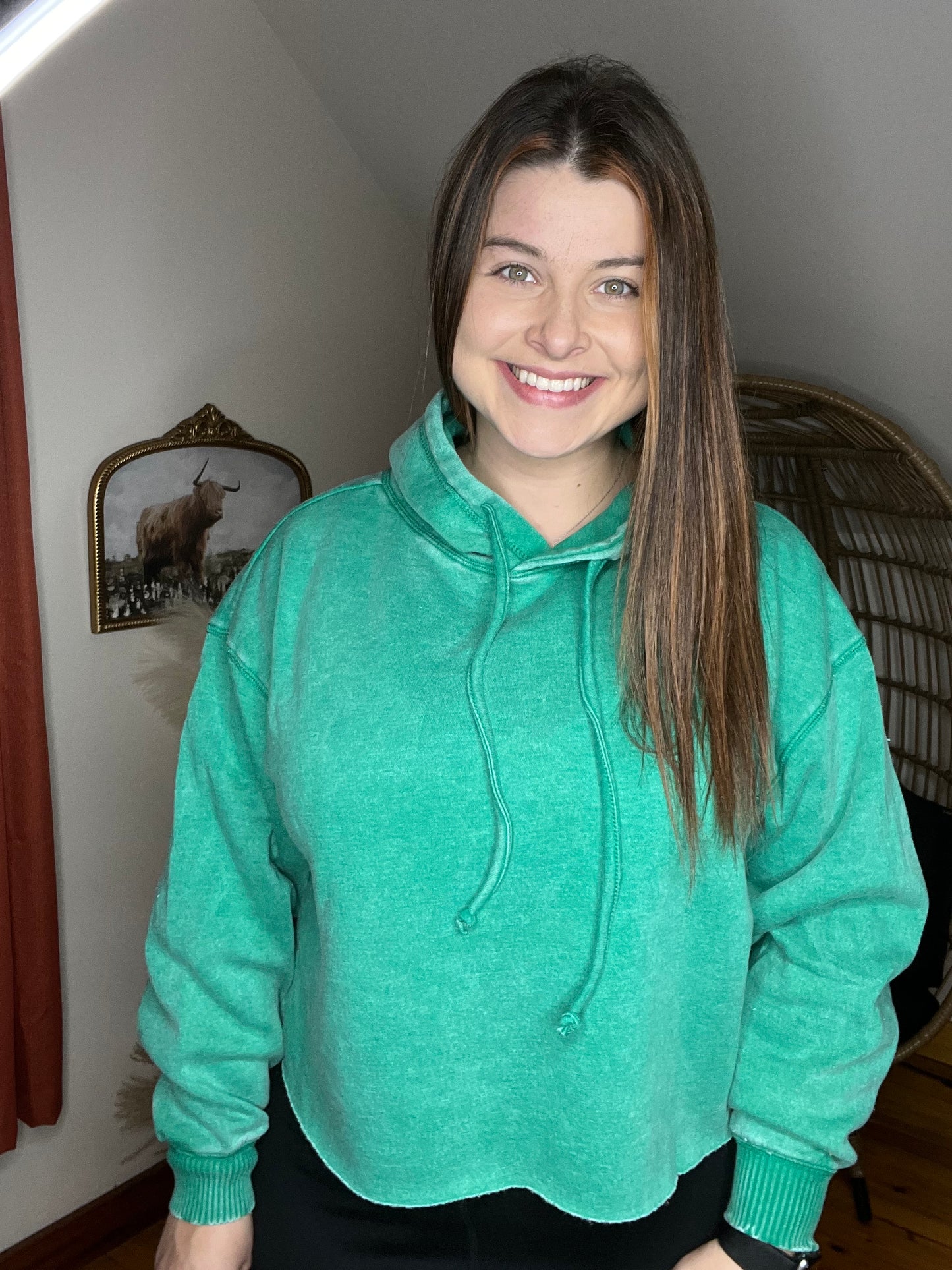 Acid Wash Fleece Cropped Hoodie - K Green