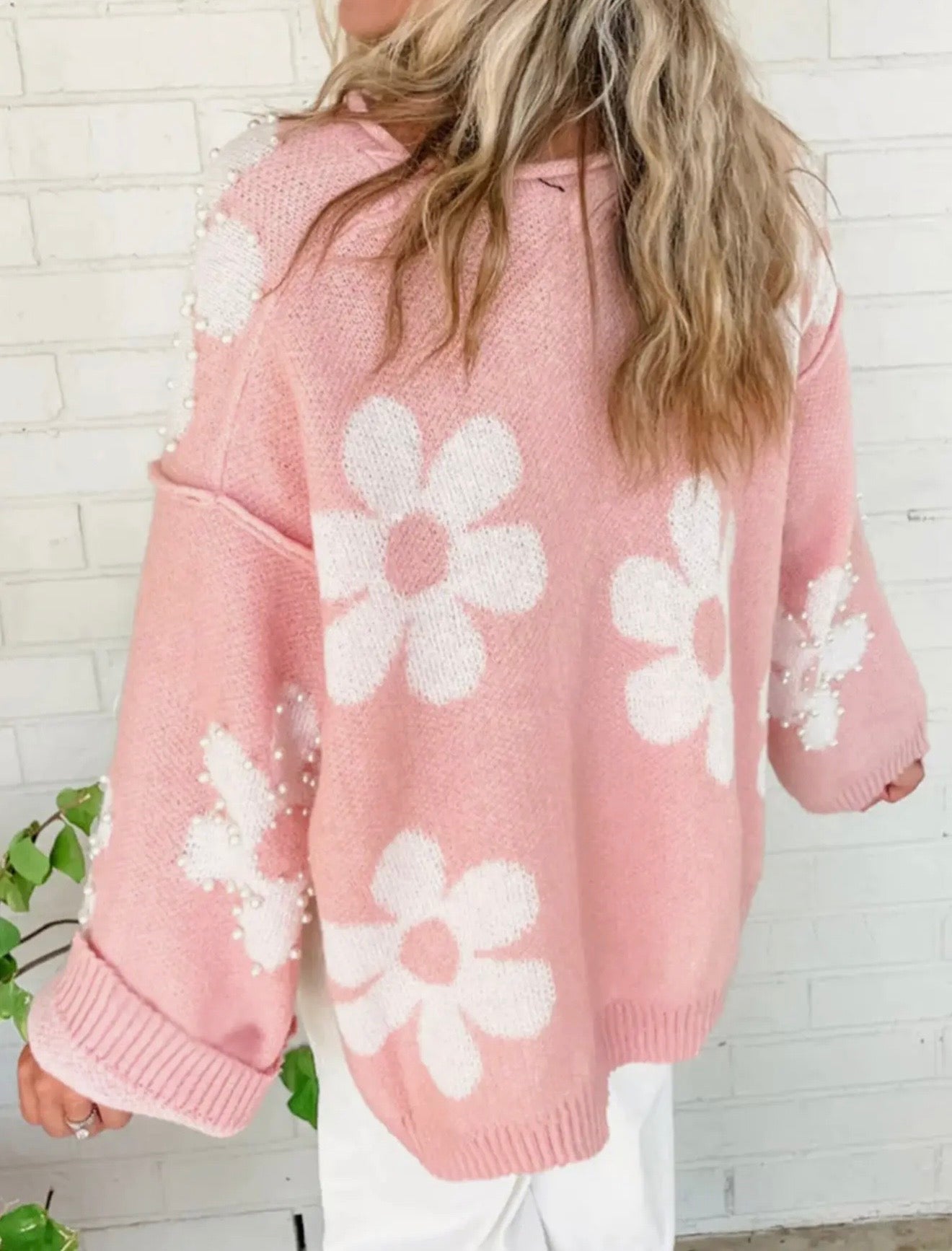 Pink Floral Beaded Sweater